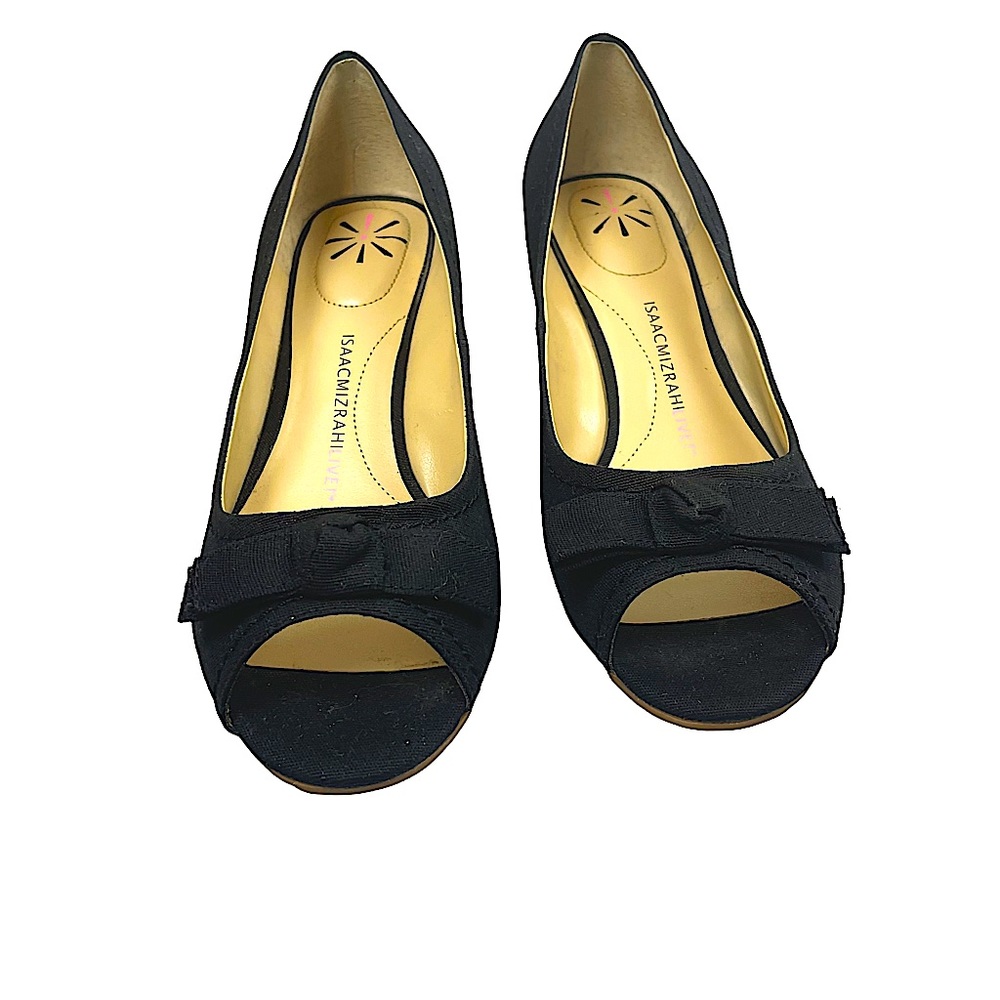 Isaac Mizrahi Live! Black Canvas Peep Toe
Straw like Wedges Bow Detail … - Picture 3 of 17